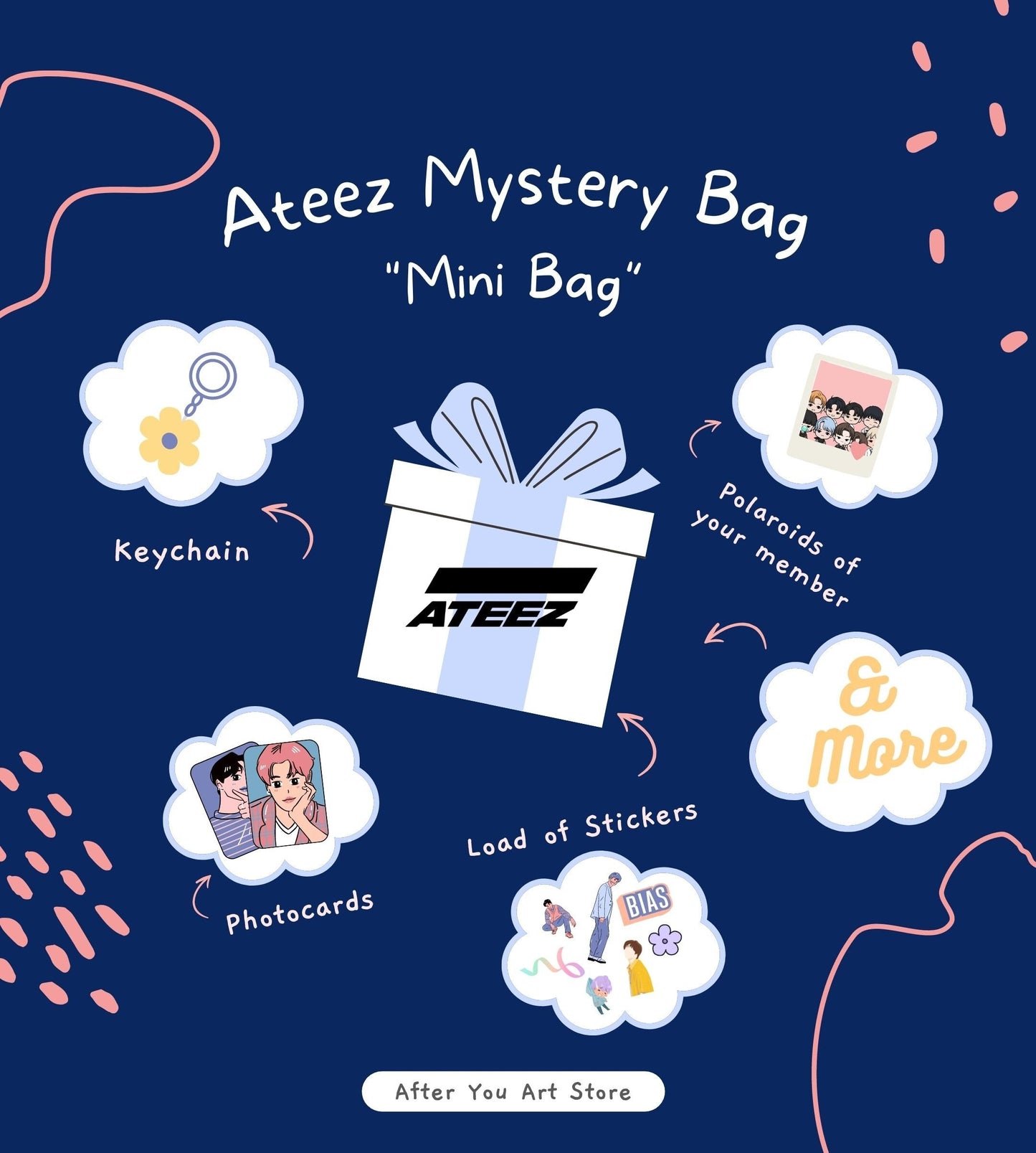 Ateez Mystery bias Bag | Custom Merch Gift Bag | Goodie Bag |Bookmarks| Keychains, Stickers, Photocards, Photos, Polaroid,& More!