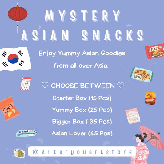 Mystery Asian Snacks Box |  Exotic Asian Snacks | Gift Box | Ramen Candy Chips Drinks | Korean |Japanese|Chinese|Taiwanese Mochi and Ramunes