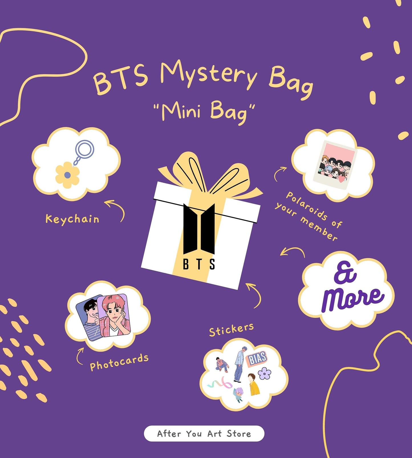 BTS Mystery bias Bag | Custom Merch Gift Bag | Goodie Bag |Bookmarks| Keychains, Stickers, Photocards, Photos, Polaroid,& More!